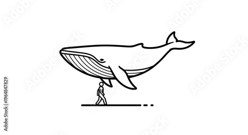 A solitary human figure walking while effortlessly supporting an enormous whale, an illustration