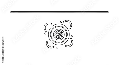 Abstract technical illustration featuring a central circular element with surrounding stylized