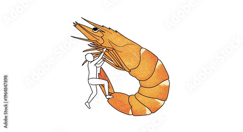 Courageous human figure embarks on an imaginative climb up a gigantic orange shrimp illustration