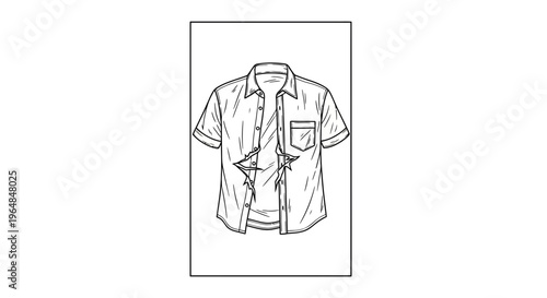Detailed line art illustration of an unbuttoned men's short-sleeved shirt with an undershirt