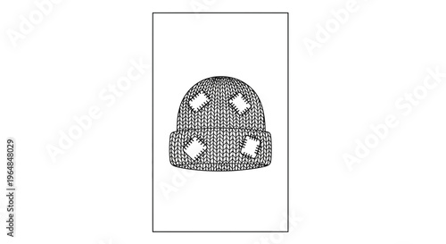 Monochrome graphic illustration of a comfortable knitted beanie hat with stylish decorative patches