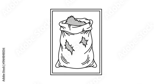 Monochrome line illustration of a torn sack overflowing with textured material, highlighting its
