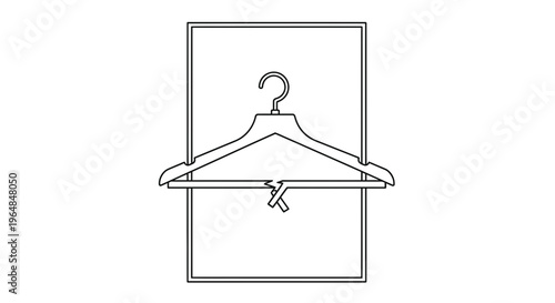 Minimalist line art illustration of a fractured garment hanger, symbolizing clothing damage or