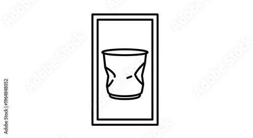 Minimalist black outline drawing depicting a discarded single-use beverage cup within a simple