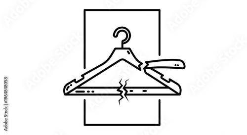 Minimalist black outline drawing of a severely broken clothing hanger, signifying malfunction and