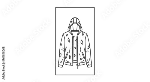 Minimalist outline illustration of a rugged hooded jacket featuring distressed fabric elements