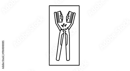 Graphic representation of two toothbrushes creatively fashioned into a clamping device