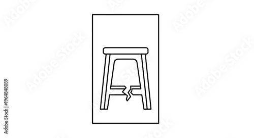 Minimalist line art graphic depicting a damaged wooden stool with a prominent crack in its leg