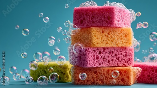 Colorful sponges stacked on a bright background with soap bubbles for home cleaning tasks during the day
