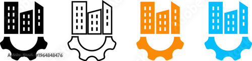 modern city skyline icons with gear representing urban development and innovation