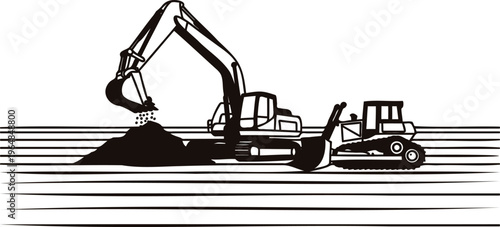 Excavator and bulldozer working on construction site with pile of dirt and soil  heavy machinery in action