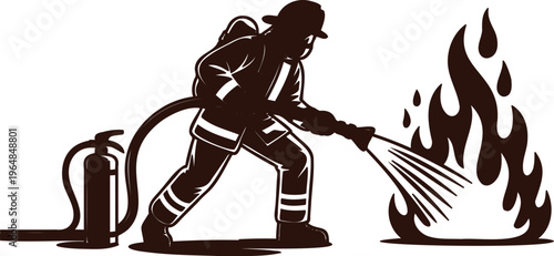 Fireman in uniform extinguishing flames with hose and fire extinguisher equipment