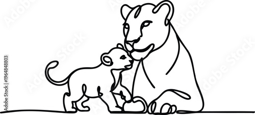 Line art illustration of a lioness and her cub sitting together in a simple continuous drawing style  animal design