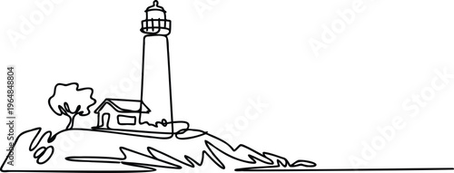 Line drawing of lighthouse on rocky hill with house and tree  scenic coastal landscape illustration