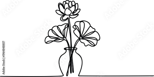 Line drawing of flowers in a vase on a table  simple minimalist art  elegant decorative design element