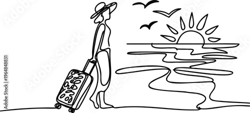 Man in hat pulling suitcase walking on beach at sunset with birds flying overhead and sun setting over water