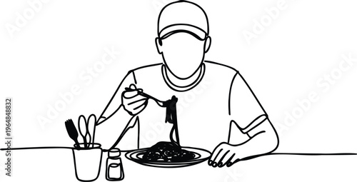 Man sitting at table eating food from plate with utensils  simple line drawing
