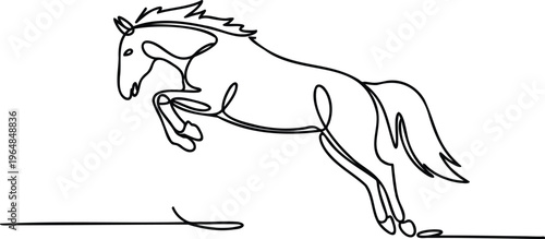 One line drawing of horse jumping sideways with one leg up  dynamic equine motion in continuous single line art style