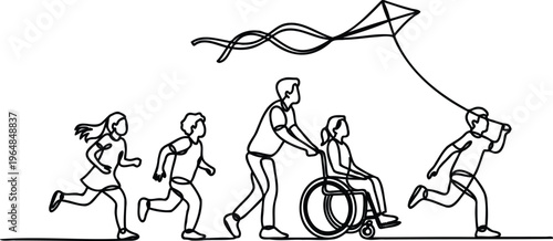 People running and flying a kite with a child in a wheelchair outdoors in a fun and playful scene of friendship and inclusion