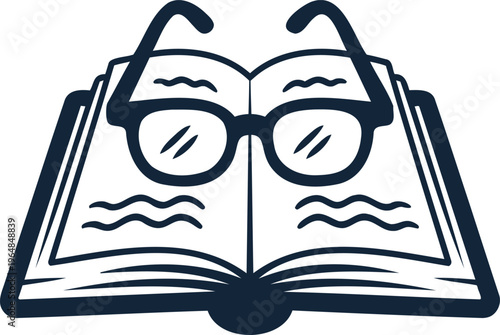 Open book with glasses on top reading glasses bookworm literary symbol education learning tool  study aid