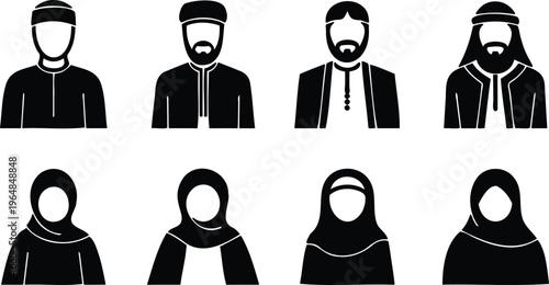 Set of black silhouettes of people wearing headscarves and traditional Middle Eastern or Islamic clothing  various styles and poses