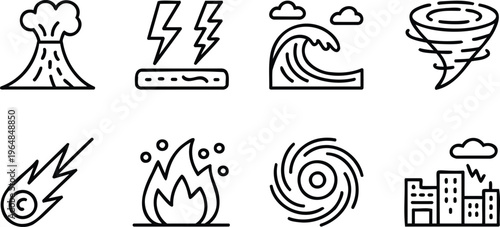 Set of line icons depicting various natural disasters and weather phenomena including volcano eruption lightning stormy sea tornado hurricane fire and cityscape