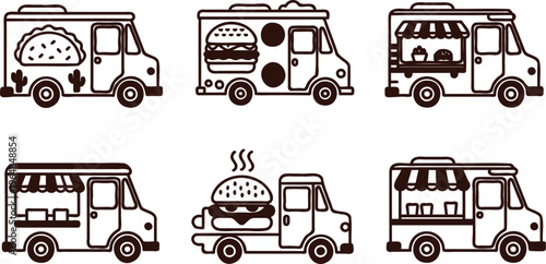 Six brown line art food truck illustrations with various food on white background  food trucks with burger taco and awnings