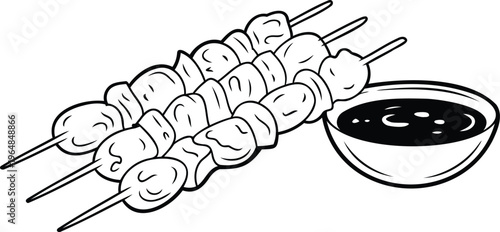 Skewers of meatballs with dipping sauce on side  delicious food illustration