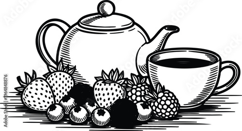 Strawberries blueberries raspberries tea cup and teapot illustration  black and white still life with fruit and tea set