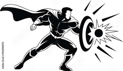 Superhero in black costume with cape holding shield and making explosion  action hero with superpowers