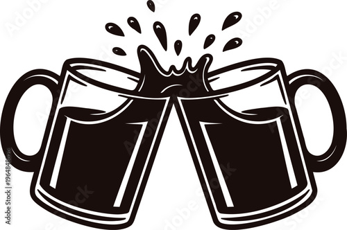 Two beer mugs clinking together with liquid splashing  celebration toast with dark beverage