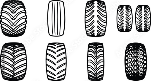 Various tire tread patterns and designs for automotive and industrial use on white background