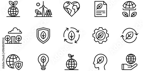A collection of fifteen minimalist black and white environmental sustainability line art icons.