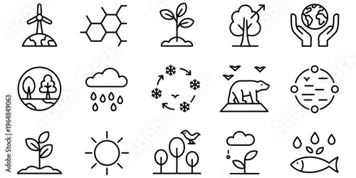 A collection of fifteen minimalist line art icons representing environmental and climate themes