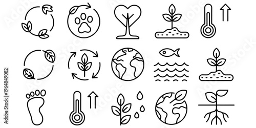 A collection of black and white line art icons representing environmental and nature conservation