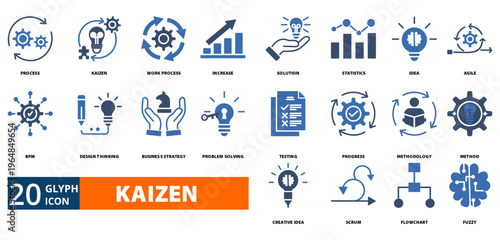 kaizen icon set with process, kaizen, work process, increase, solution, statistics, idea, agile, bpm, design thinking, business strategy, problem solving, testing ,progress, methodology, method, 
