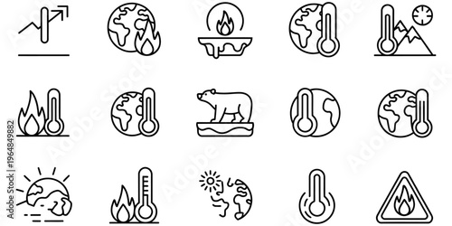 A collection of black and white line art icons depicting global warming and climate change issues