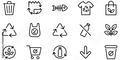 A collection of simple black and white line art icons depicting various waste management themes