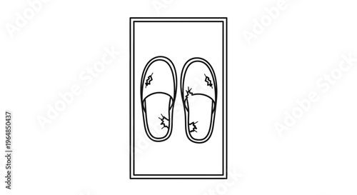 Monochrome outline drawing of a worn pair of indoor slippers in a rectangular frame digital graphic