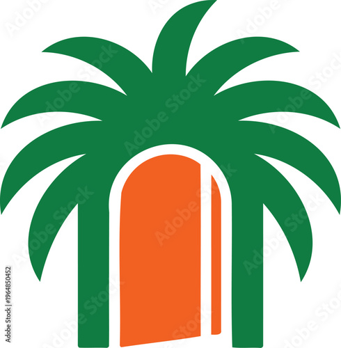 Palm tree with orange archway and green leaves illustration graphic design element tropical symbol
