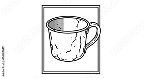 Detailed black and white illustration of a distressed and cracked ceramic mug with rustic texture