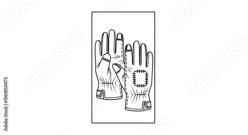 Detailed black and white line art illustration of a pair of sturdy work gloves with reinforced