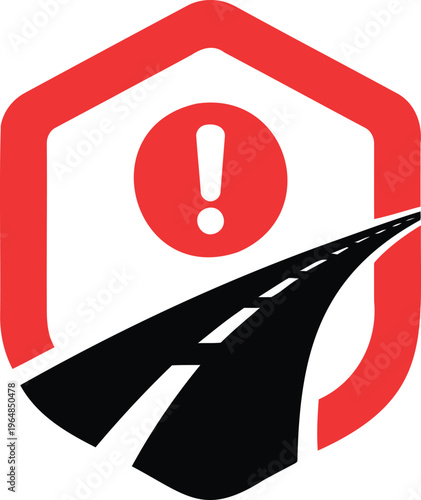 Road warning sign with exclamation mark in red hexagon  road ahead caution symbol