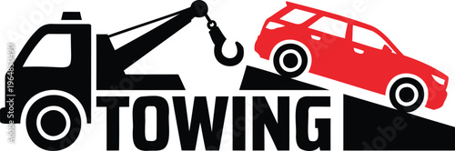Tow truck towing a red car with a hook illustration