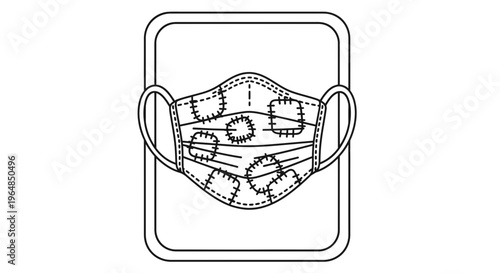 Monochrome outline drawing of a protective face mask featuring distinct stitched patch details on