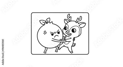 Whimsical cartoon line art depicts a joyful young deer playfully hugging an annoyed round fruit