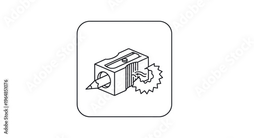 Simple line art icon of a pencil sharpener actively sharpening a wooden pencil producing neat