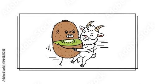 A whimsical cartoon showcasing a joyful goat playfully hugging an angry split kiwi fruit in a