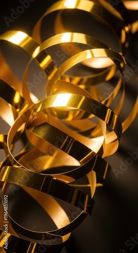 Shiny metallic gold ribbons cascade in a dark, abstract composition.