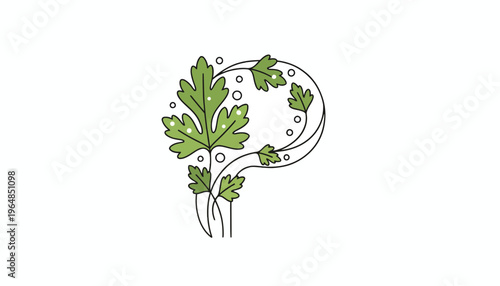 Elegant botanical letter P design featuring fresh green herb leaves with delicate swirling lines